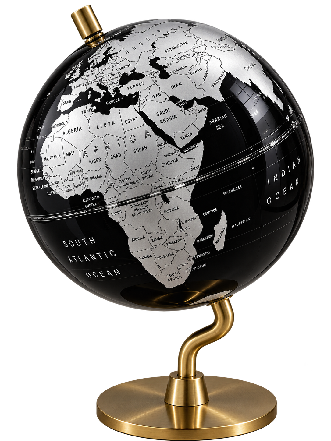 Premium Rotating World Globe with Elegant Gold Metal Stand | Black & Silver Decorative Globe for Office