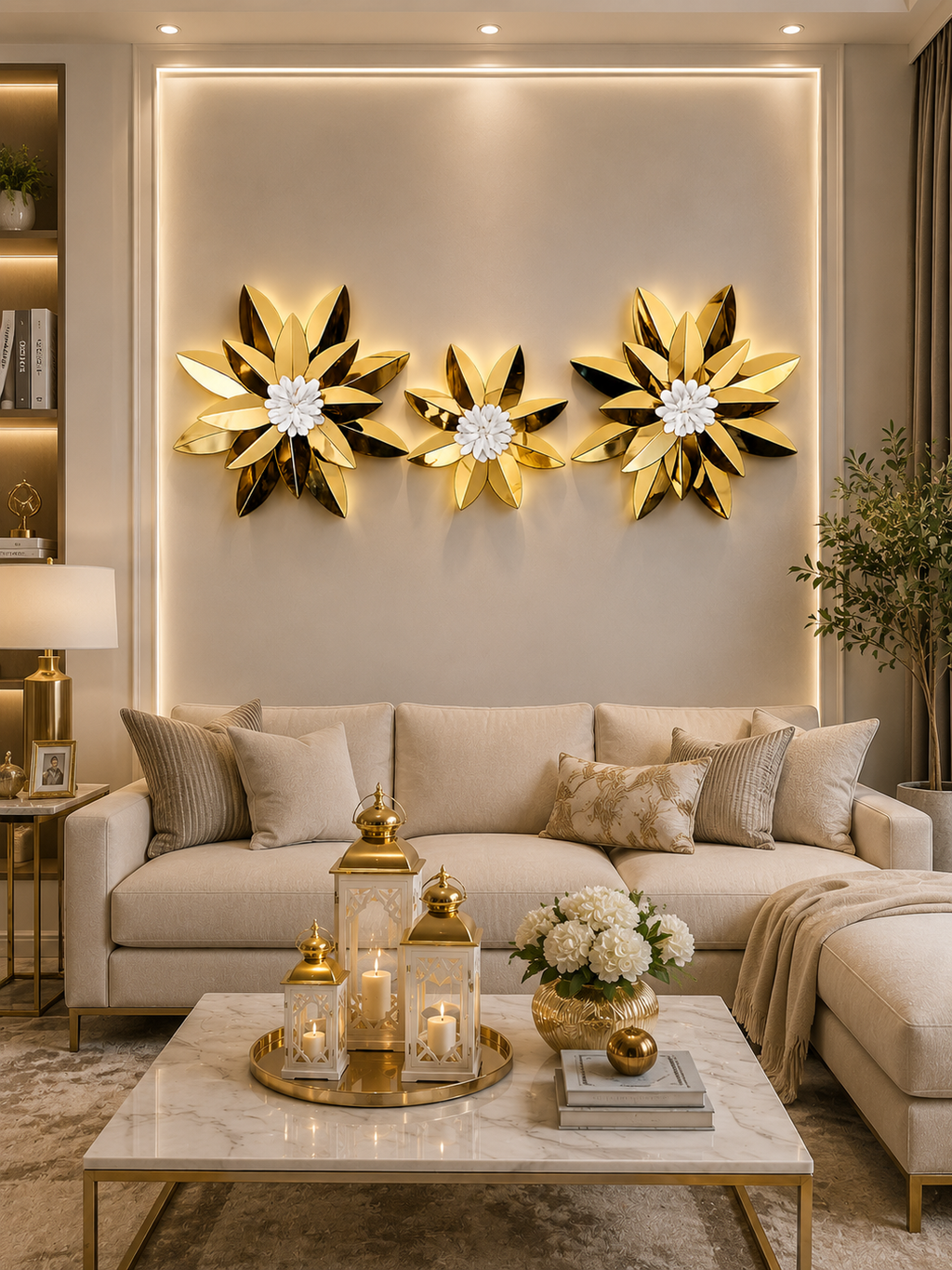Luxury 3-Piece Gold Floral Metal Wall Art | Modern Flower Wall Décor | Living Room & Bedroom Decoration