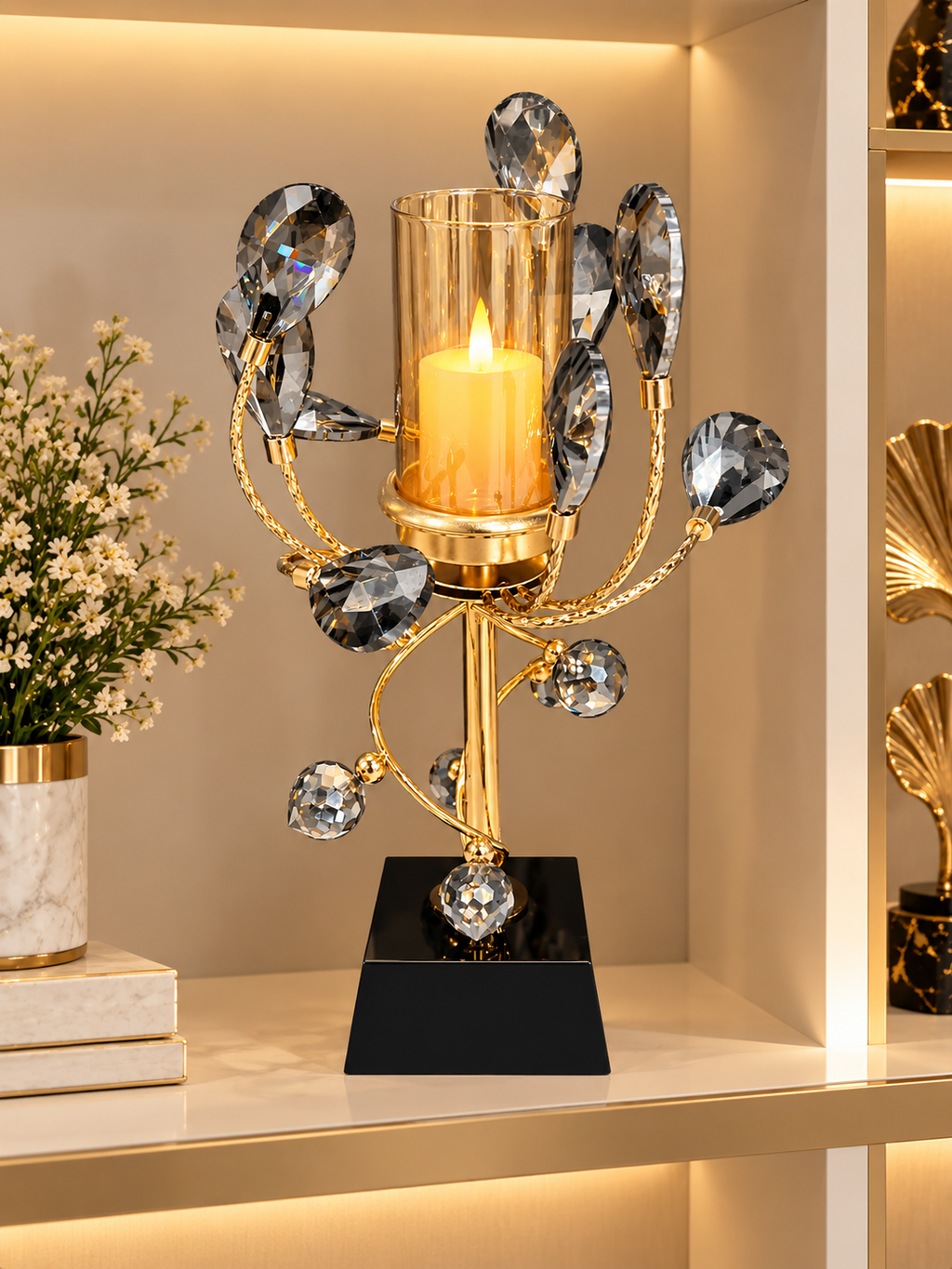 Luxury Gold & Black Crystal Candle Holder with Artistic Leaf Design
