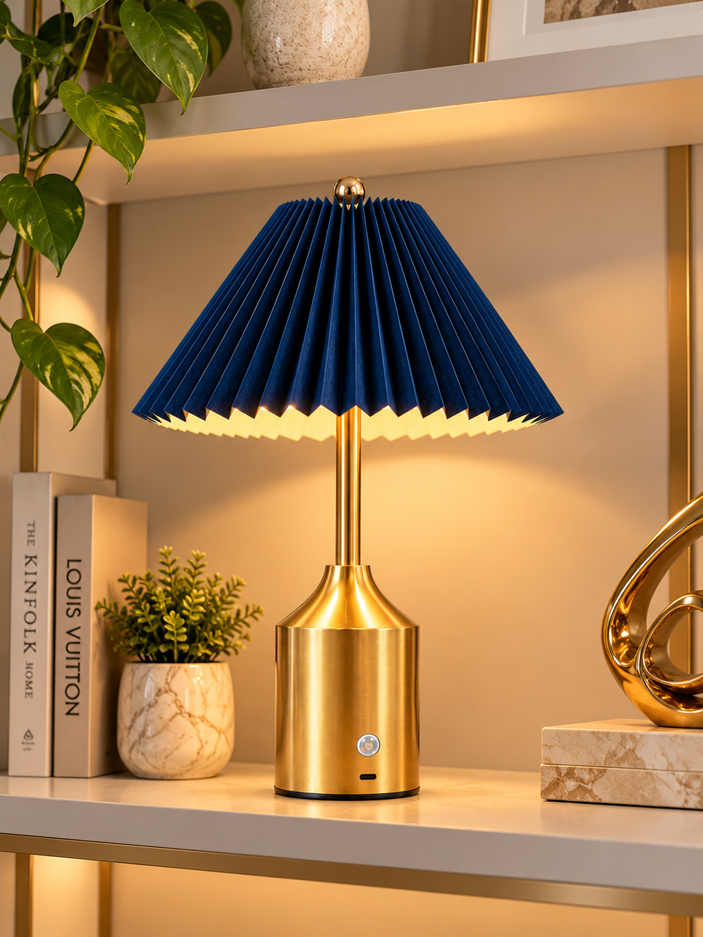 Luxury Gold & Navy Blue Pleated Table Lamp | Modern Bedside Lamp
