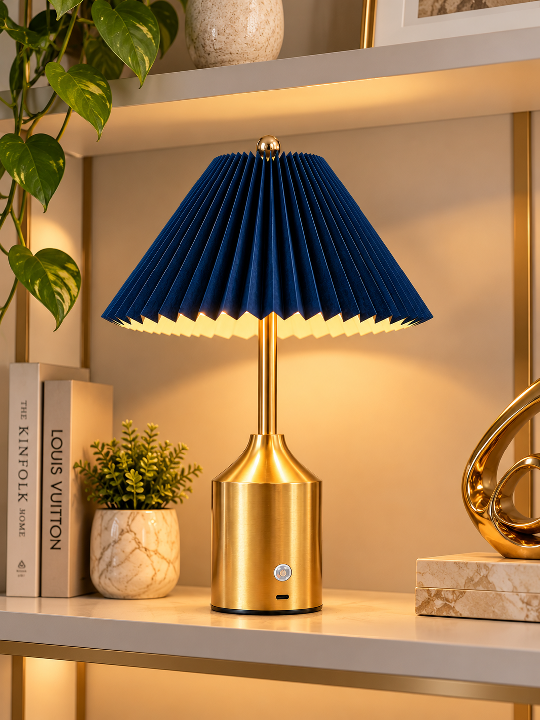 Luxury Gold & Navy Blue Pleated Table Lamp | Modern Bedside Lamp