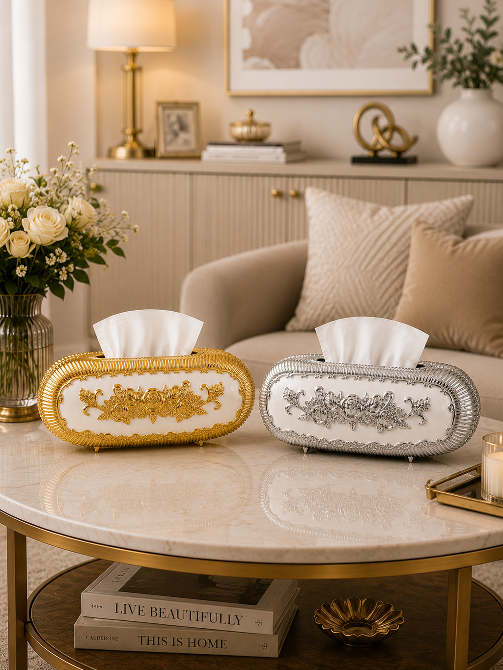 Luxury Oval Metal Tissue Box Holder | European Floral Decorative Tissue Case