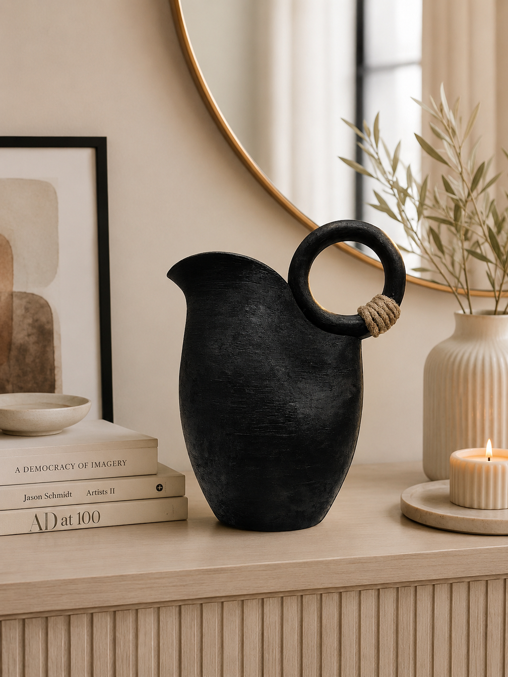 Modern Black Resin Decorative Vase with Ring Handle | Minimalist Table Vase for Living Room & Home Décor