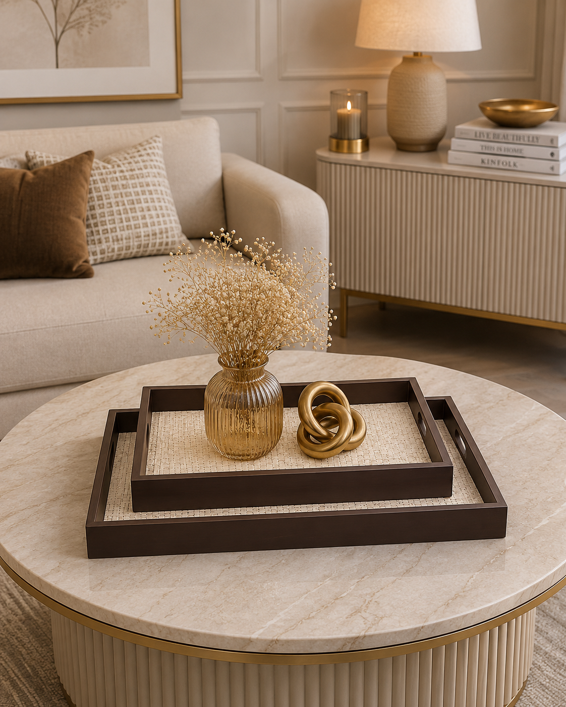 Luxury Wooden Serving Tray Set | Decorative Nesting Coffee Table Trays | Ottoman & Vanity Organizer (Set of 2)
