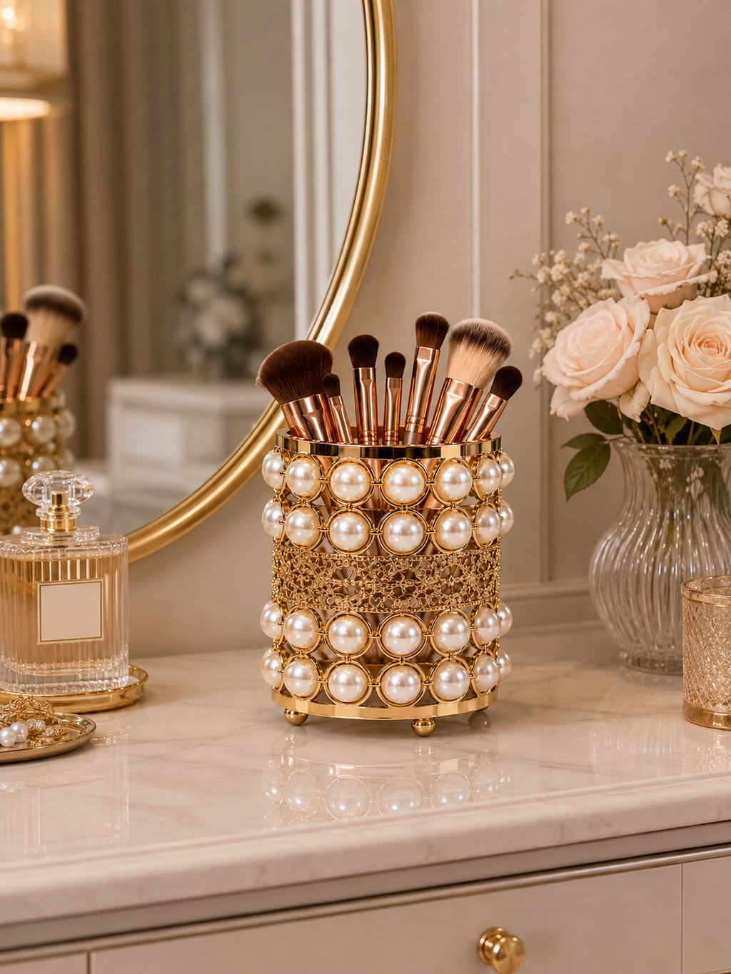 Luxury Pearl & Gold Makeup Brush Holder – Elegant Vanity Organizer