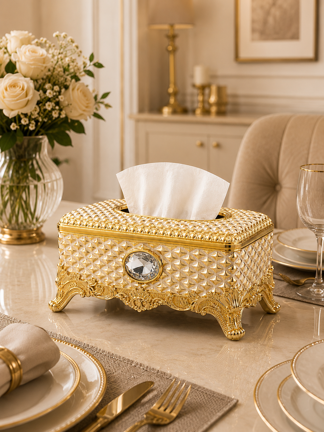 Decorative Gold Tissue Case | Premium Tabletop Tissue Organizer