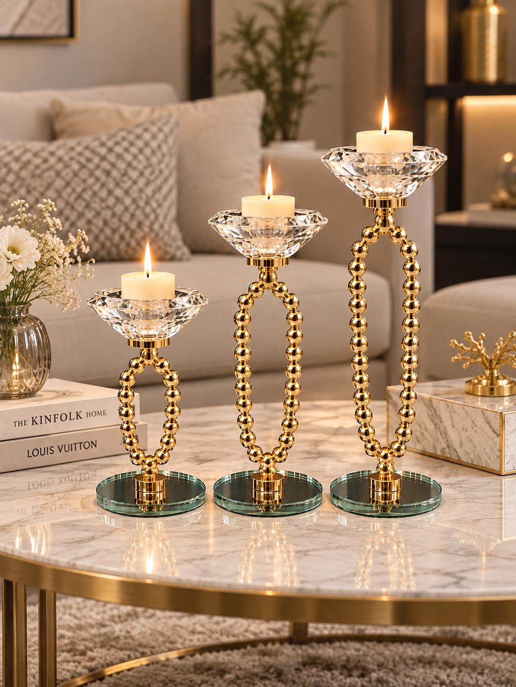Luxury Gold Beaded 3-Piece Candle Stand Set with Crystal Holders
