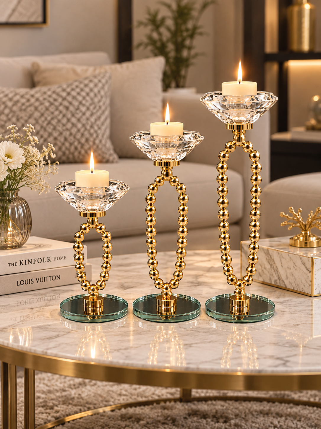 Luxury Gold Beaded 3-Piece Candle Stand Set with Crystal Holders