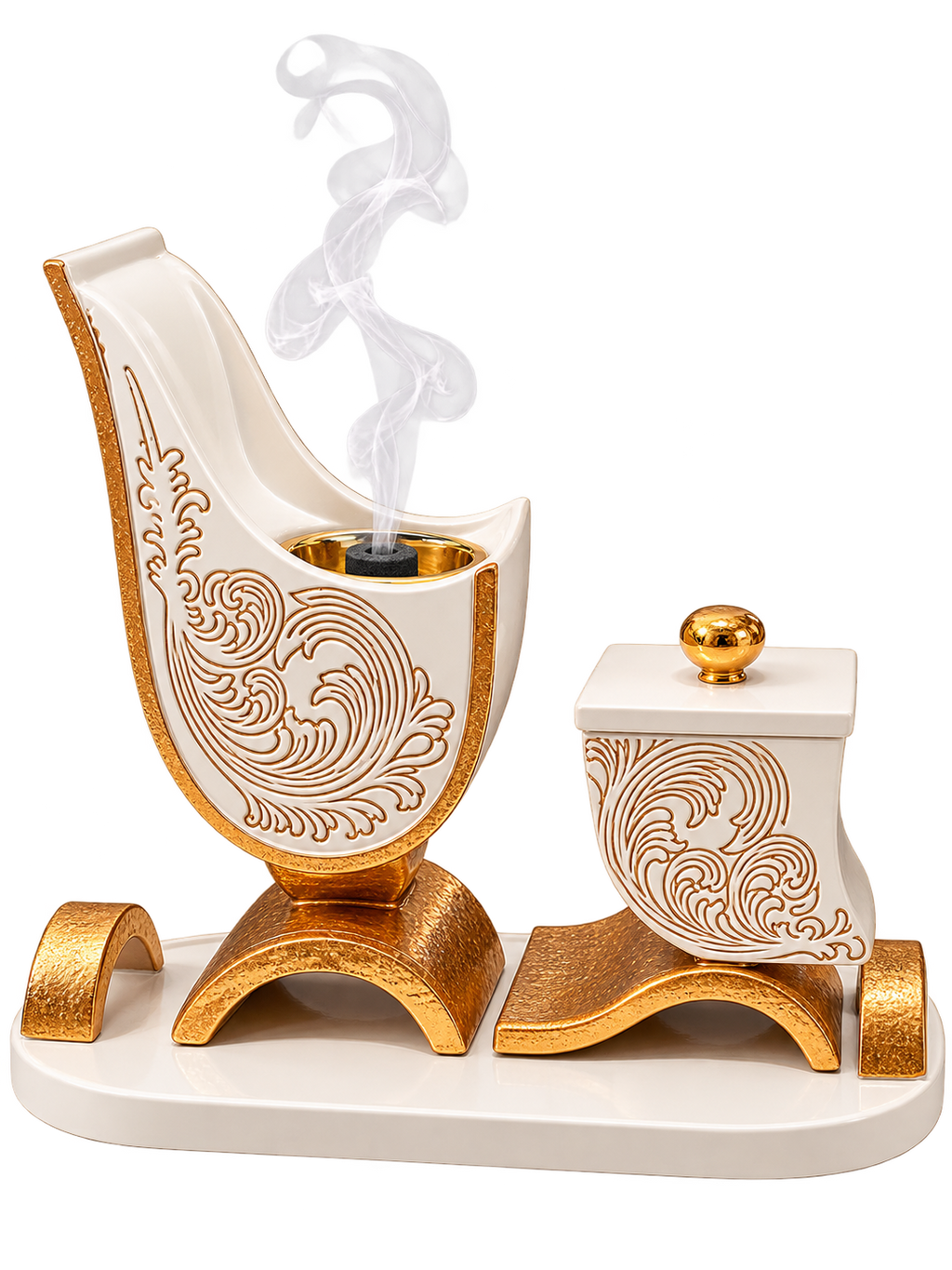 Luxury White & Gold Decorative Bukhoor Burner Set with Tray