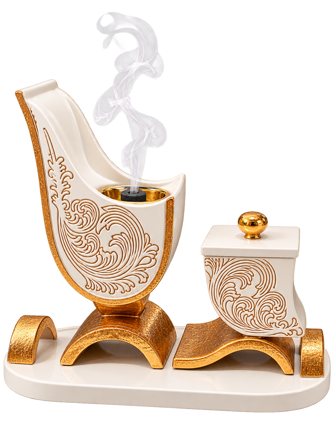 Luxury White & Gold Decorative Bukhoor Burner Set with Tray