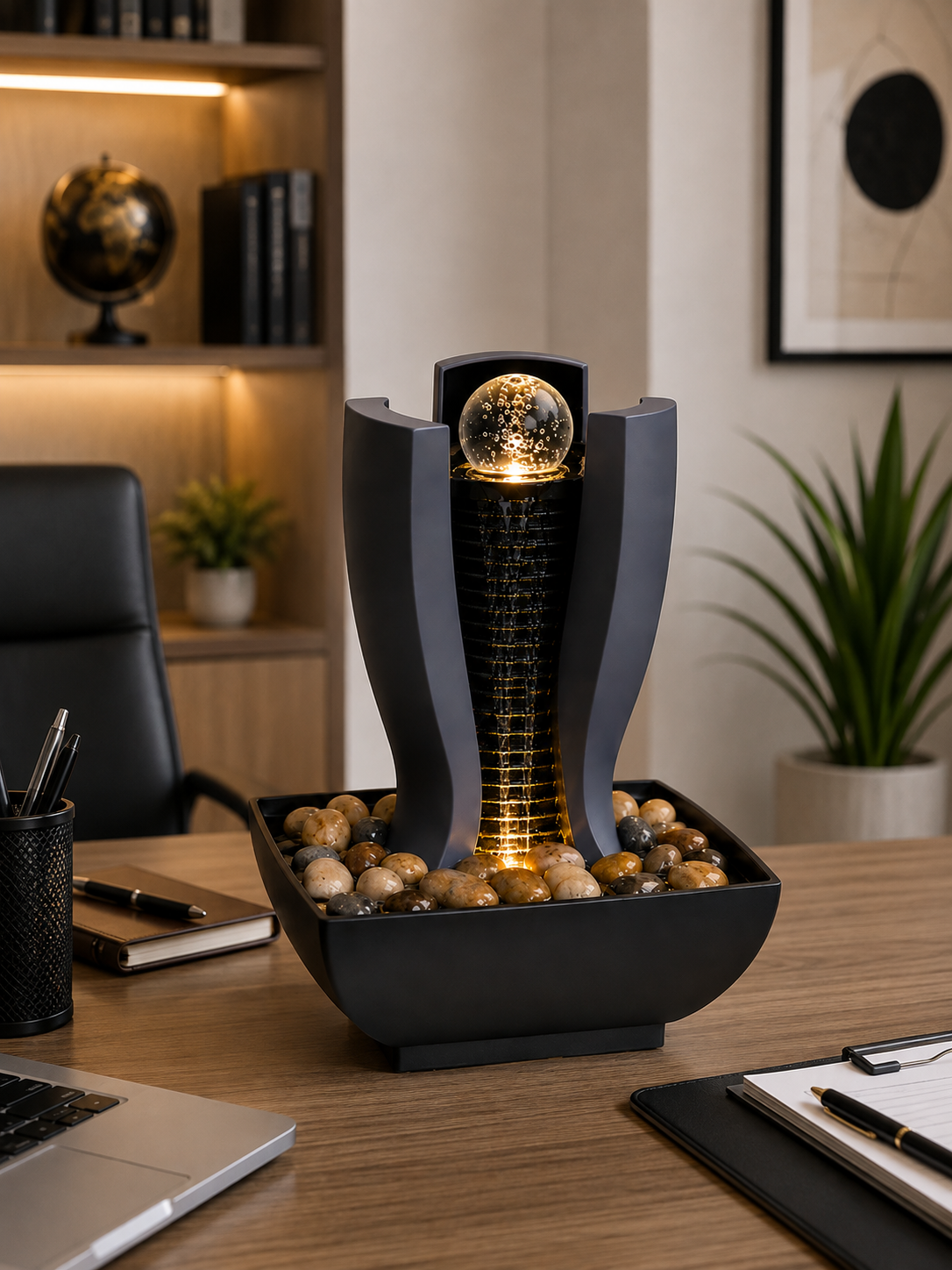 Luxury Black Tabletop Water Fountain with Crystal Ball, LED Light & Decorative Stones