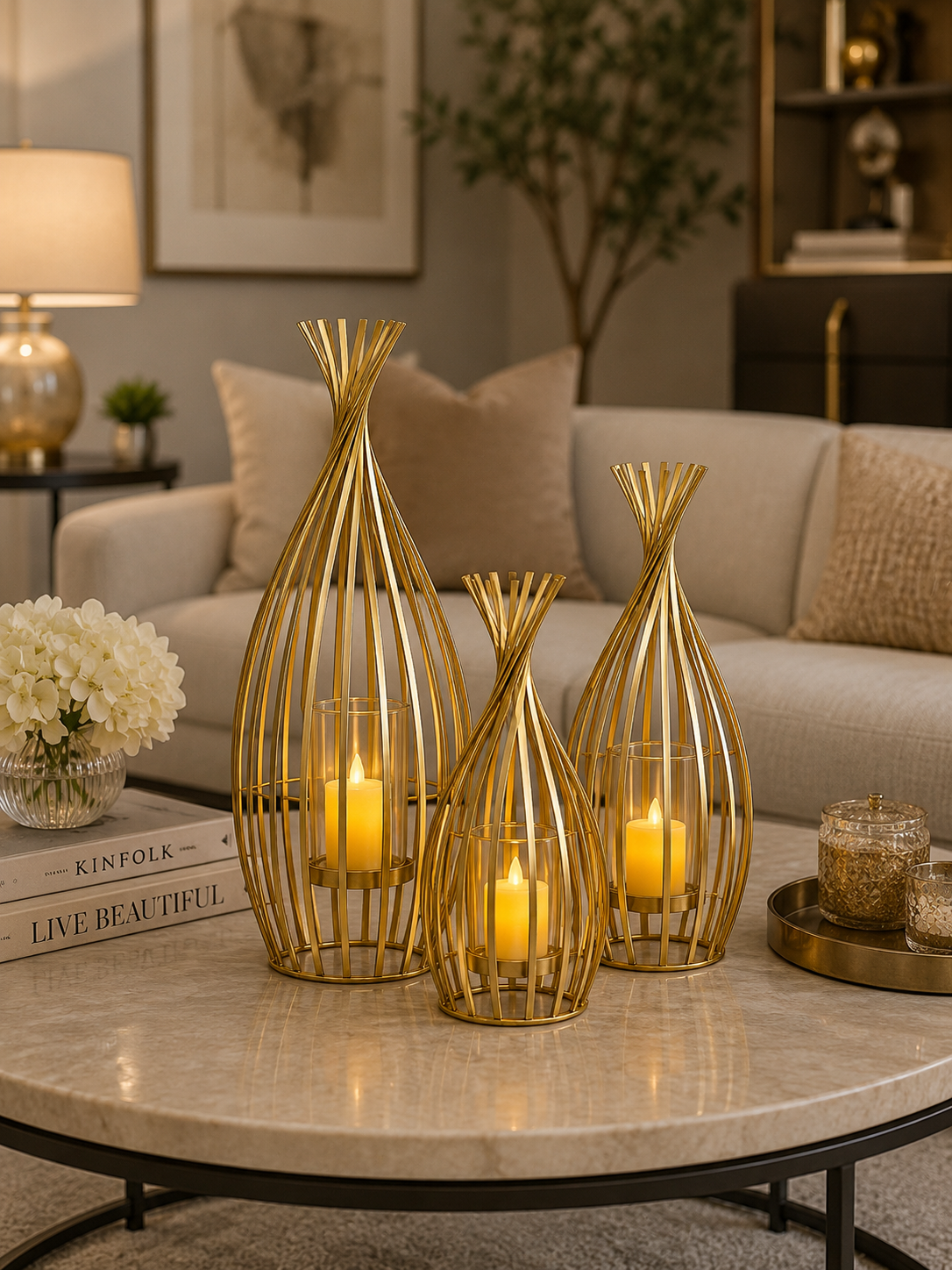 Luxury 3-Piece Gold Metal Lantern Candle Holder Set | Modern Decorative Table Lanterns for Living Room, Dining Table & Home Décor
