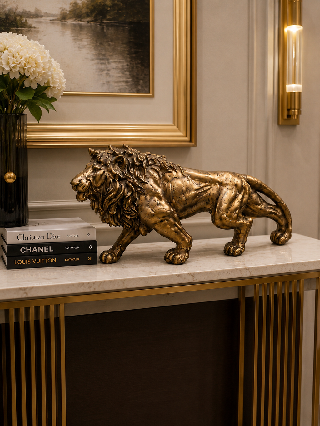 Luxury Walking Lion Sculpture | Gold Resin Animal Statue | Modern Tabletop Home Décor