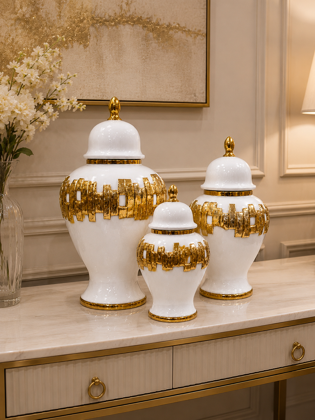 Luxury White & Gold Ceramic Candy Jar Set | Decorative Temple Jars for Living Room & Console Table (Set of 3)