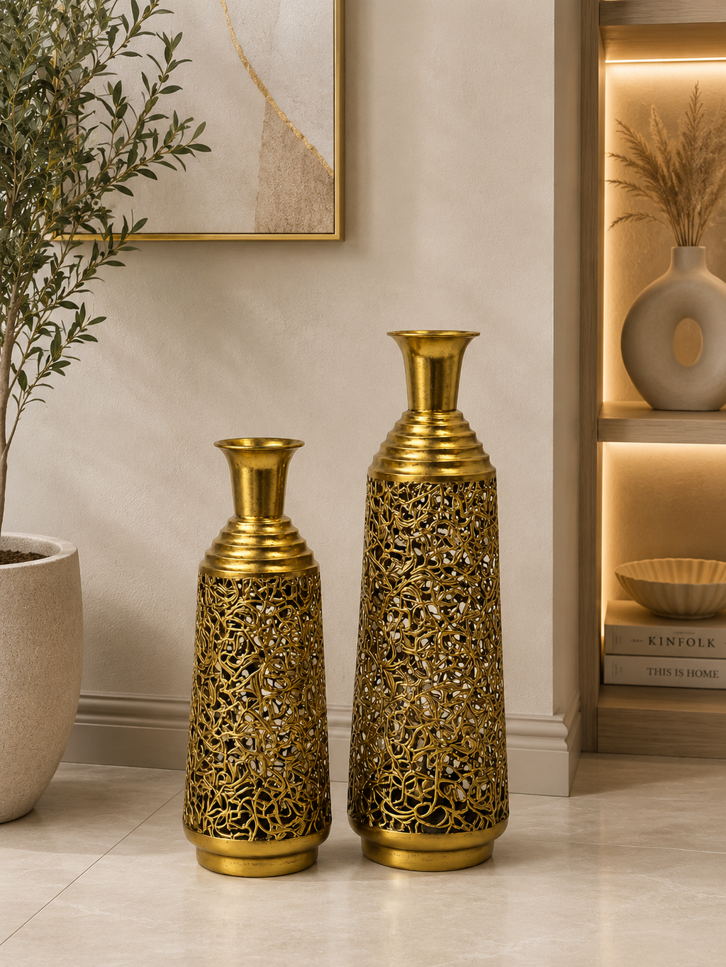 Luxury Gold Decorative Floor Vase Set (2 Pieces) | Modern Metal Flower Vases | Home Décor