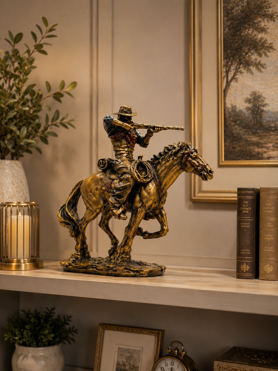 Western Cowboy on Horseback Decorative Resin Statue – Vintage Rustic Home & Office Décor Sculpture
