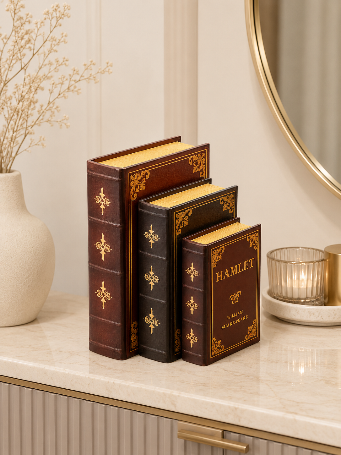 Decorative Faux Book Storage Box Set of 3 | Vintage Leather Look Secret Storage Books | Luxury Home Decor