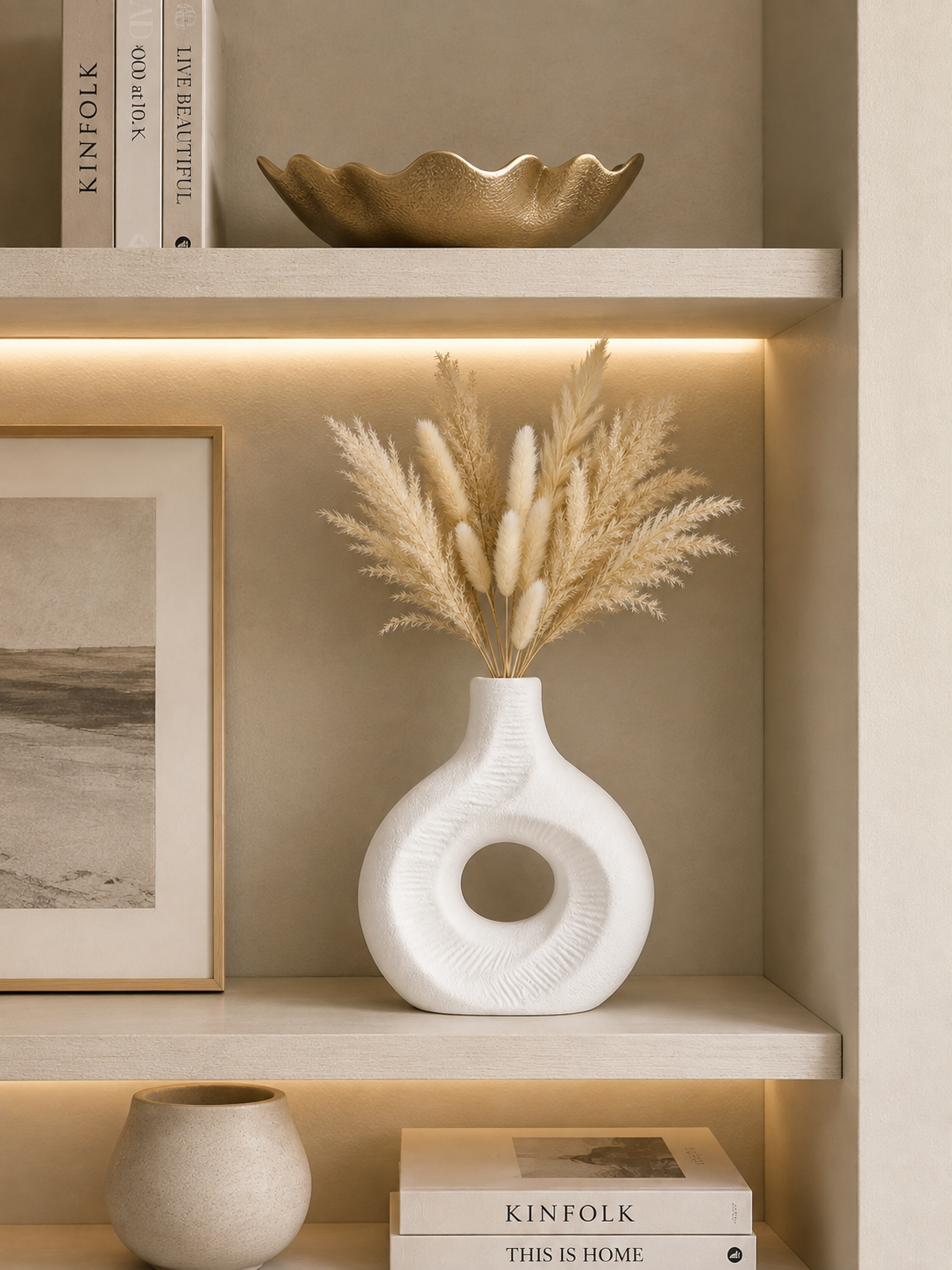 Modern White Textured Ceramic Vase with Circular Cut-Out Design