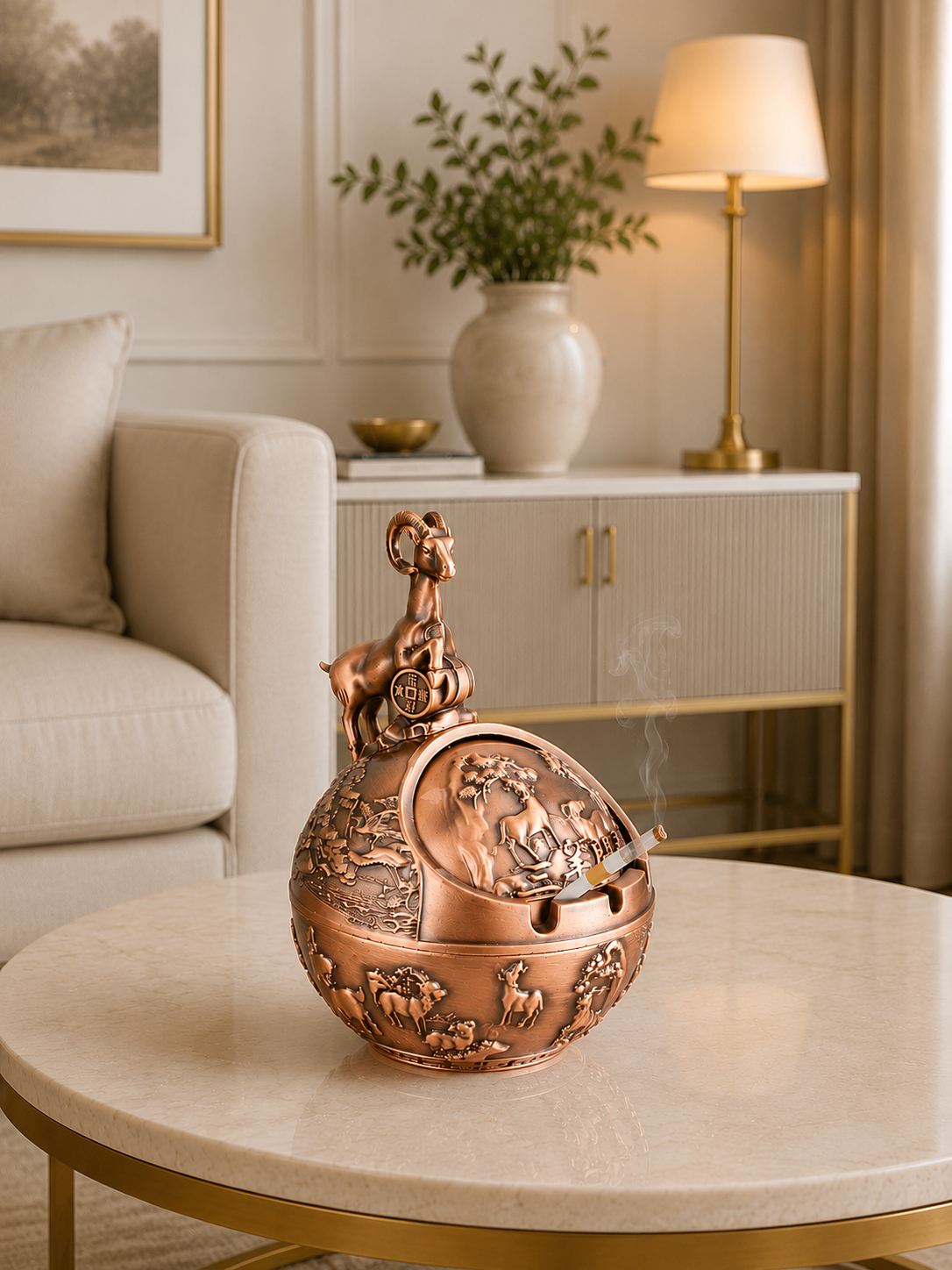 Luxury Deer Metal Ashtray with Windproof Lid | Decorative Vintage Cigarette Ashtray | Premium Home & Office Décor