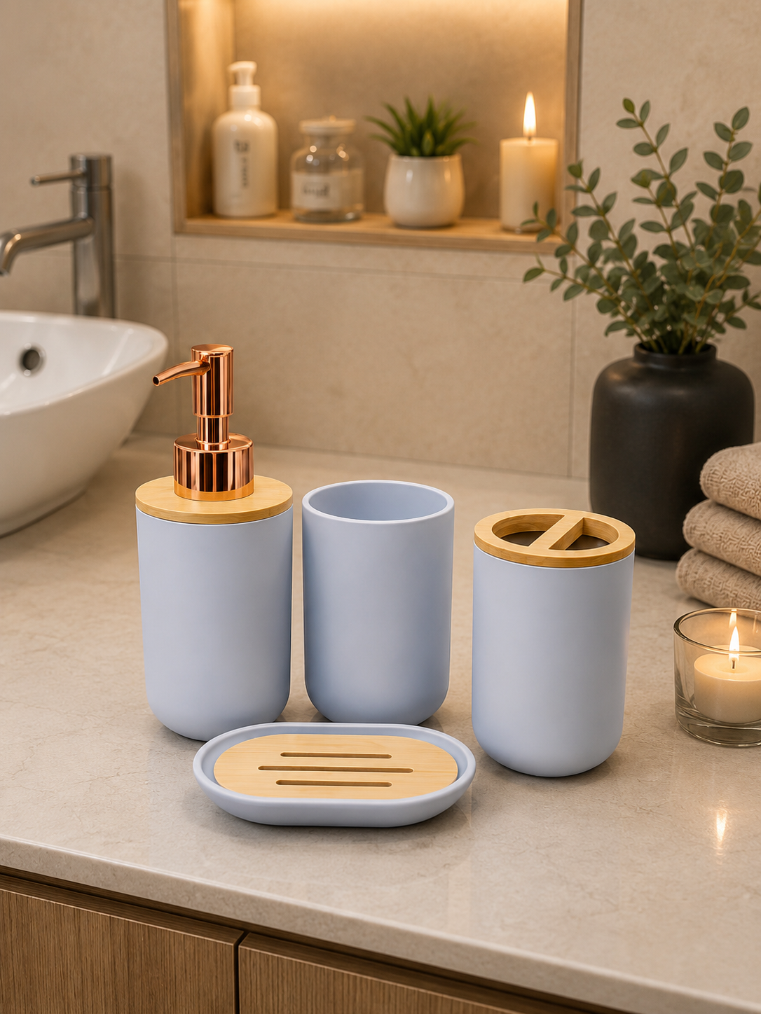 4-Piece Modern Bathroom Accessories Set | Soap Dispenser, Toothbrush Holder, Tumbler & Soap Dish