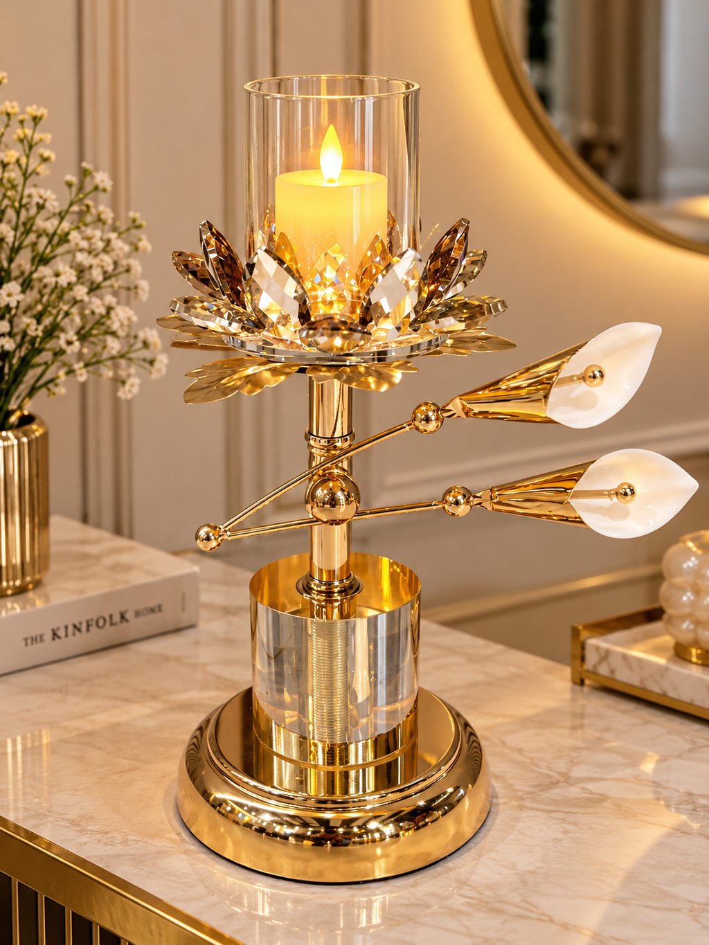 Luxury Gold Crystal Lotus Candle Holder with Floral Leaf Design
