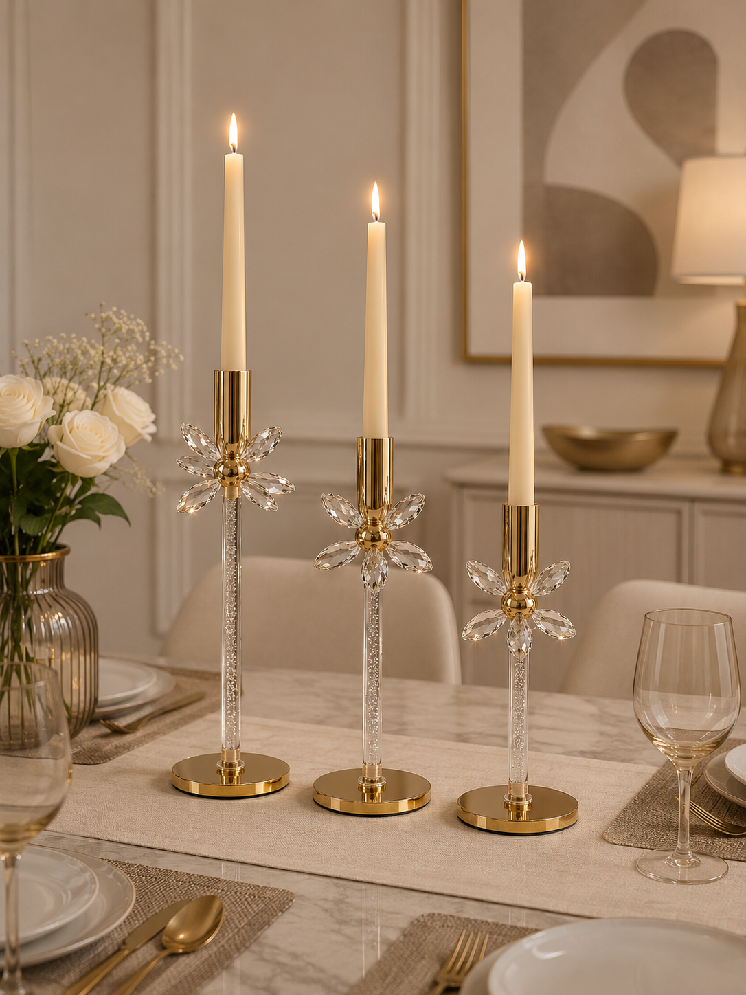 Luxury Crystal Flower Taper Candle Holder Set of 3 – Gold Metal & Crystal Candle Stand