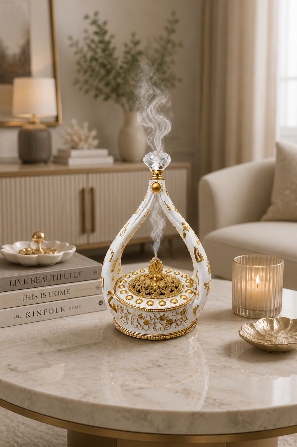 Luxury White & Gold Decorative Bakhoor Burner with Crystal Handle | Traditional Incense Burner | Islamic Home Décor