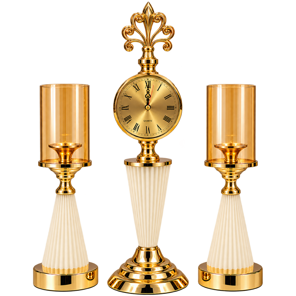 White & Gold — 3-Piece Luxury Clock & Candle Holder Set
