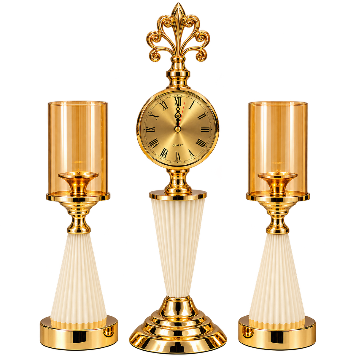 White & Gold — 3-Piece Luxury Clock & Candle Holder Set