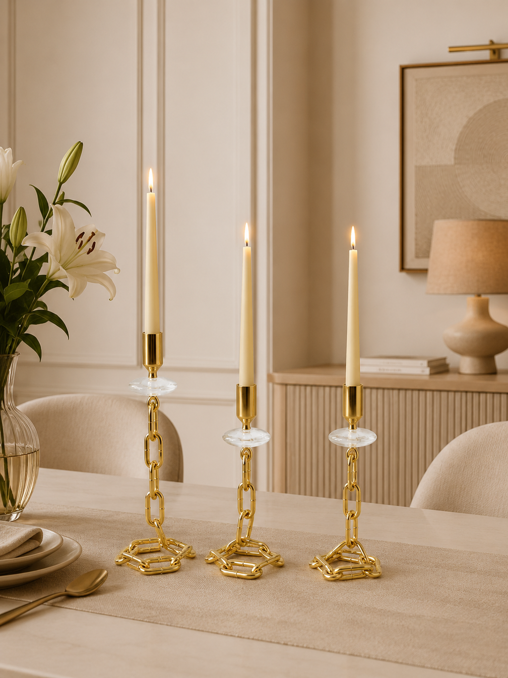 Luxury Gold Chain-Link Taper Candle Holder Set of 3 – Modern Decorative Metal Candlestick Stand