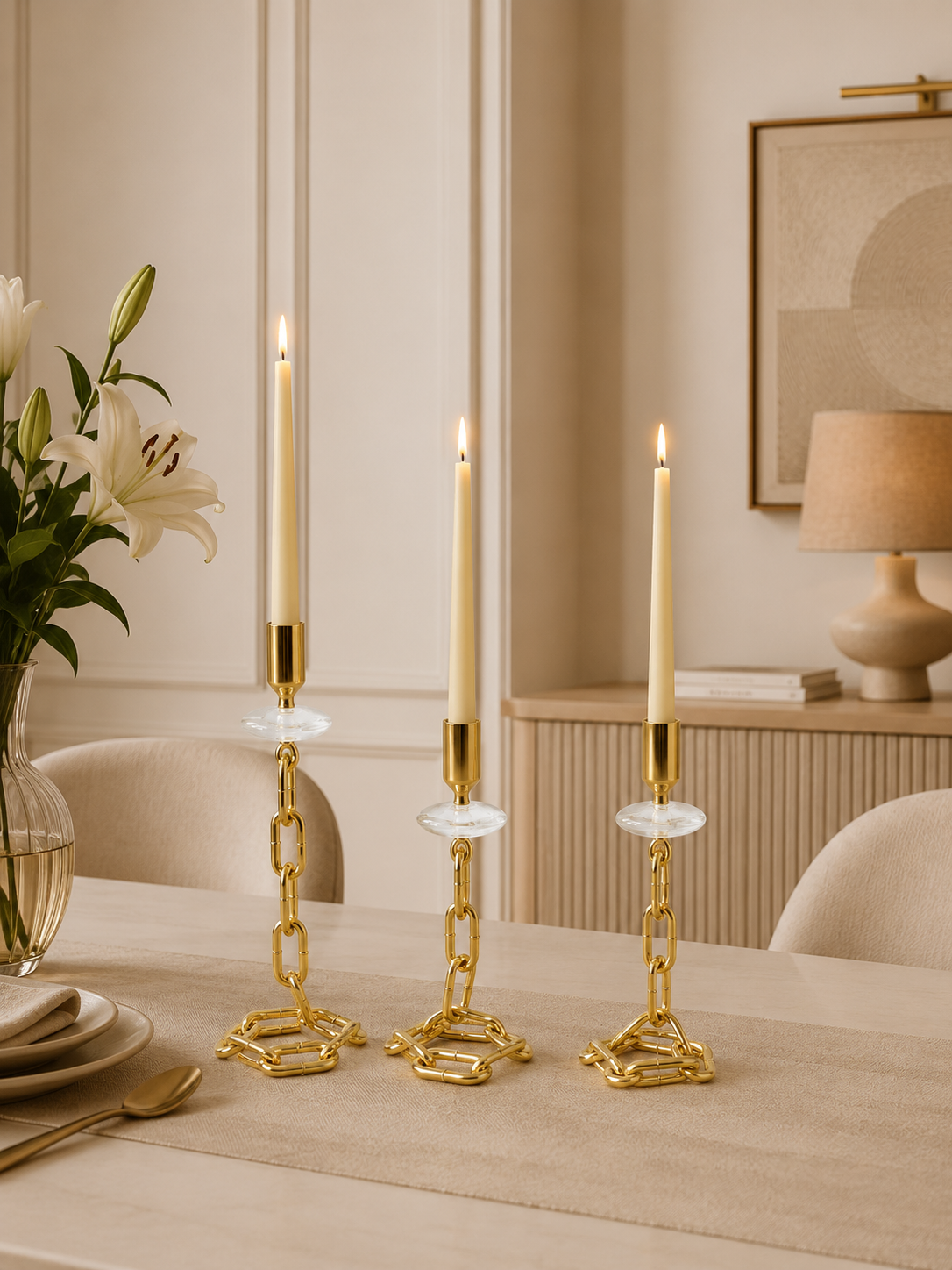 Luxury Gold Chain-Link Taper Candle Holder Set of 3 – Modern Decorative Metal Candlestick Stand