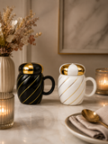 Premium Ribbed Ceramic Tea Mug – Sophisticated Metallic Gold Accent Drinkware Pair
