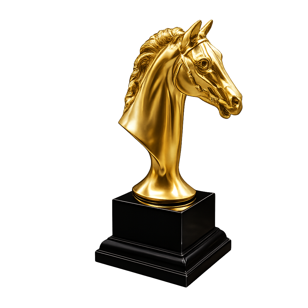 Fiber Horse "Aurum Glory" Golden Horse Bust Statue – Executive Metallic Gold Resin Head Sculpture With Premium Glossy Black Pedestal Base