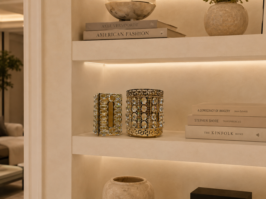 Luxury Gold Crystal Dustbin Stand Set – Modern Decorative Metal Waste Bin for Home & Office