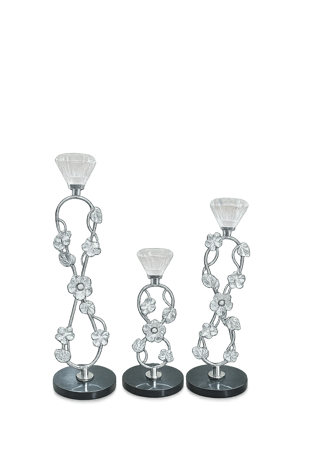 Elegant Silver Floral Crystal Taper Candle Holder Set of 3 – Decorative Metal Candlestick Stand
