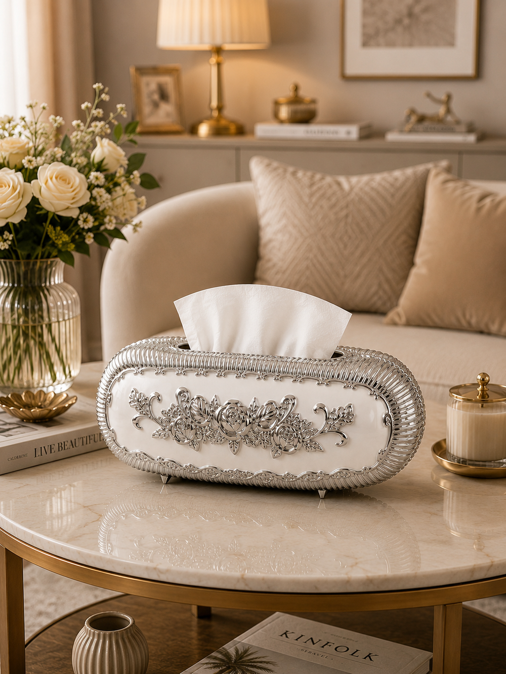 Luxury Oval Metal Tissue Box Holder | European Floral Decorative Tissue Case