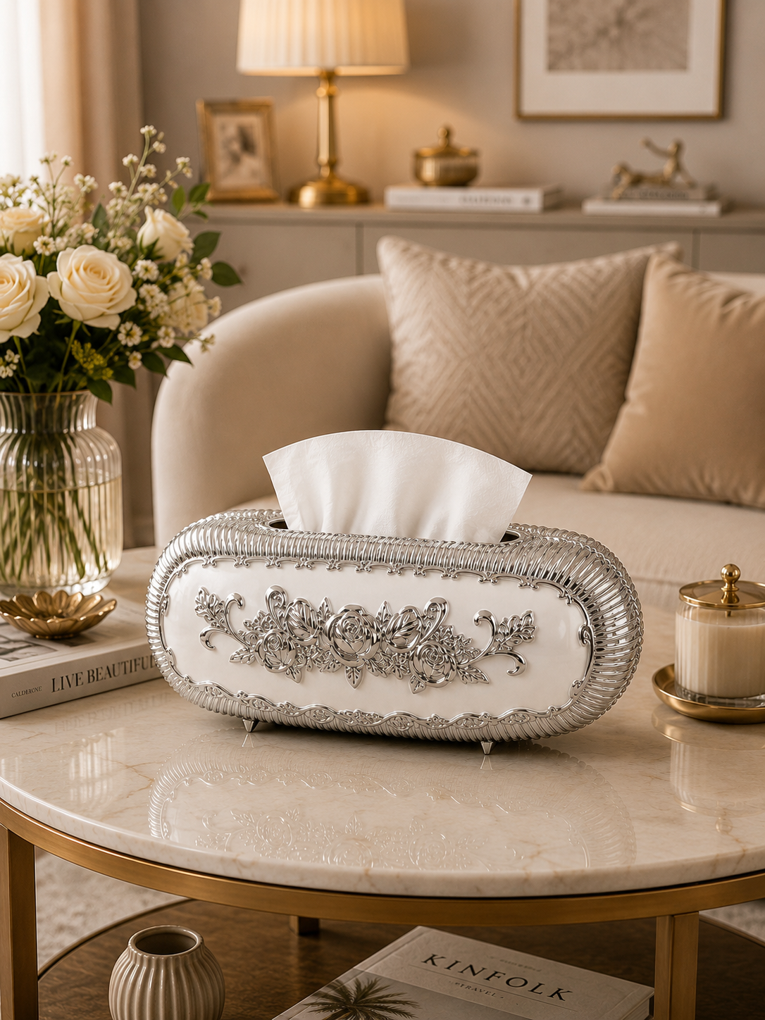 Luxury Oval Metal Tissue Box Holder | European Floral Decorative Tissue Case