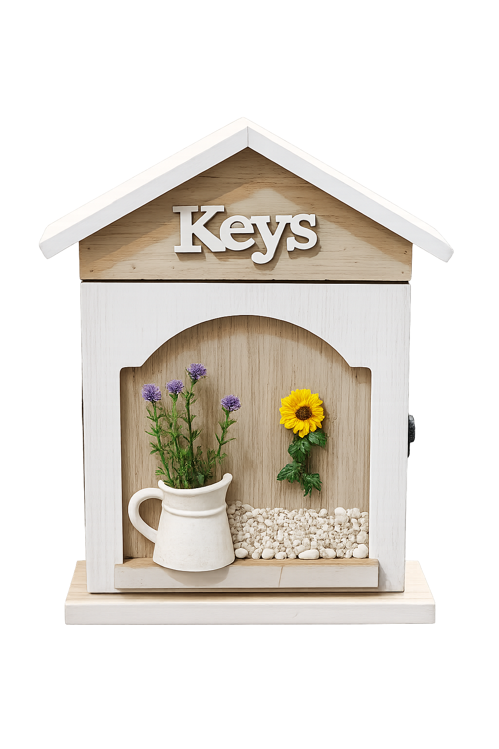 Wooden House Key Holder Box with Decorative Flowers | Wall Mounted Key Storage Cabinet | Farmhouse Home Décor