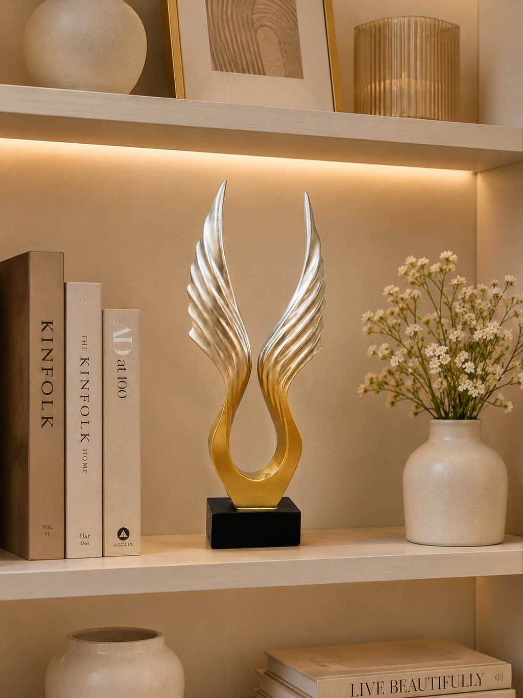 Modern Golden & Silver Angel Wings Sculpture | Luxury Abstract Resin Showpiece | Premium Home Décor Accent
