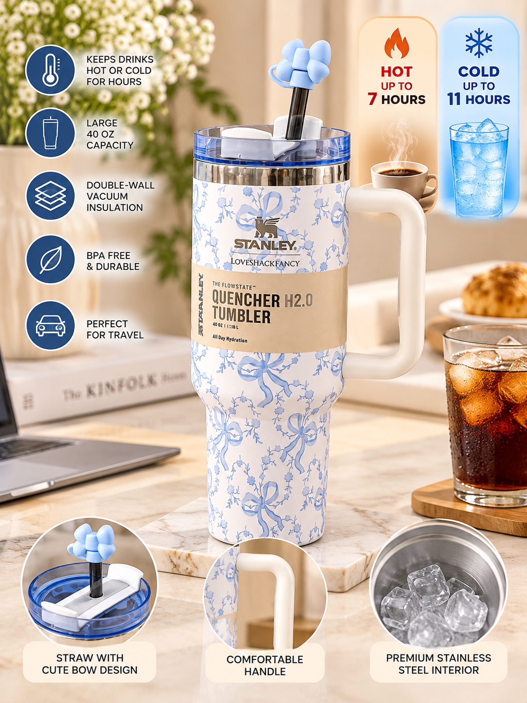 Stanley x LoveShackFancy Blue Bow Quencher H2.0 Tumbler 40 oz