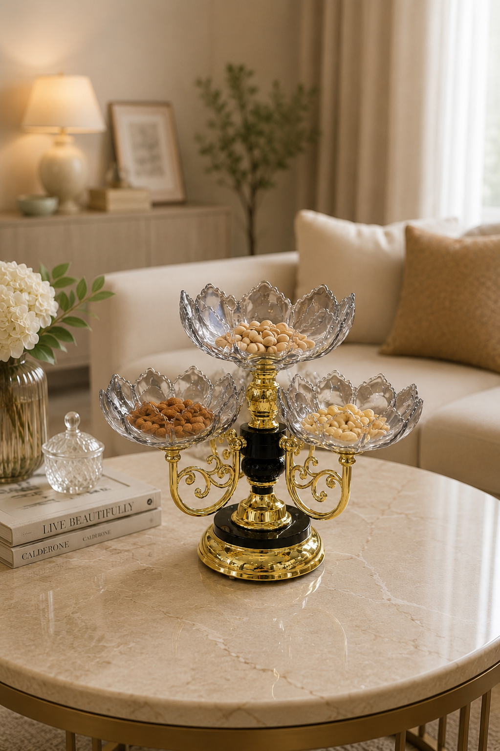 Luxury 4 Bowl Acrylic Dry Fruit Serving Tray with Gold Metal Stand – Modern Snack & Candy Organizer for Dining Table