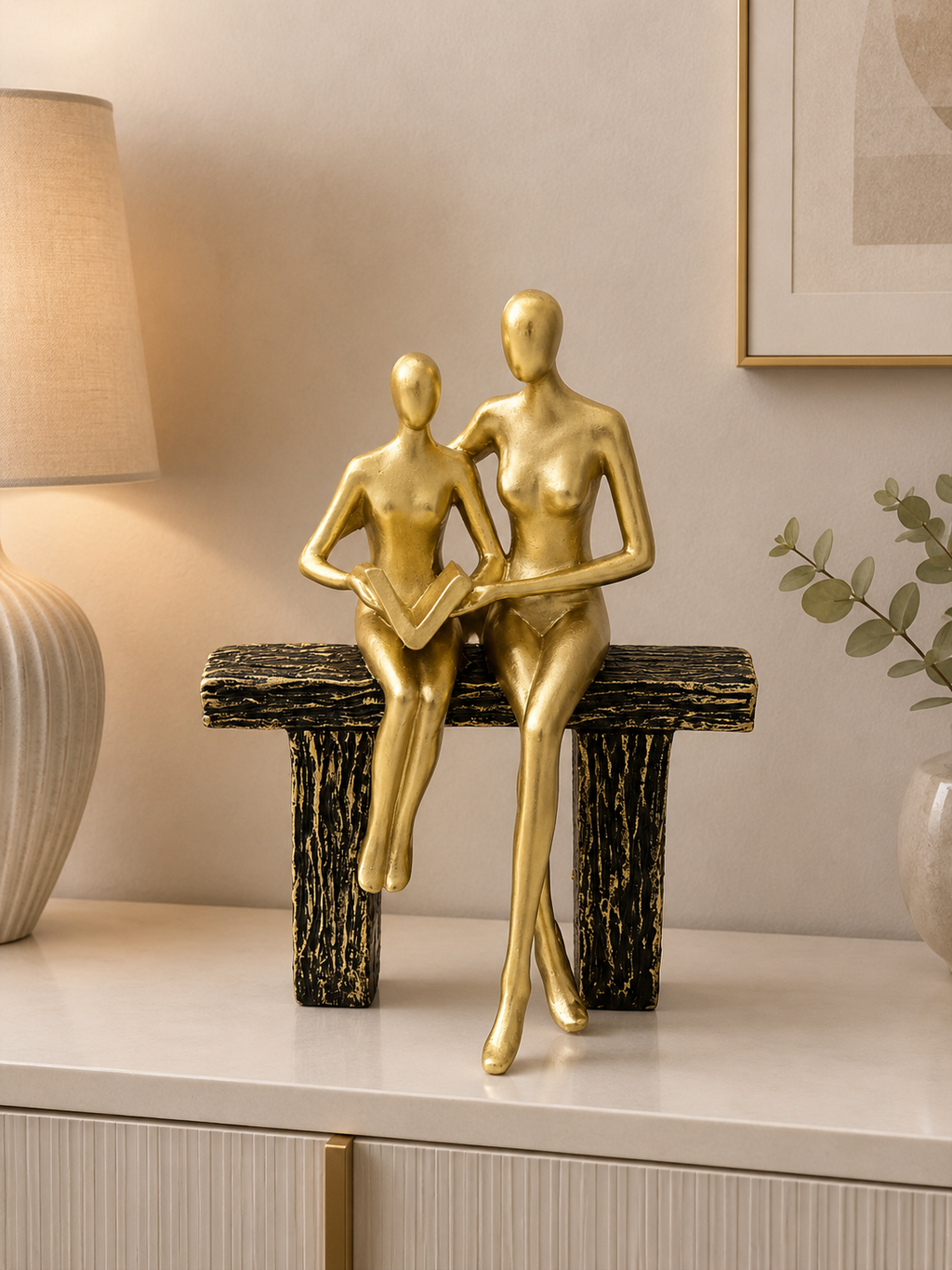 Elegant Golden Couple on Bench Sculpture – Luxury Modern Couple Decorative Showpiece
