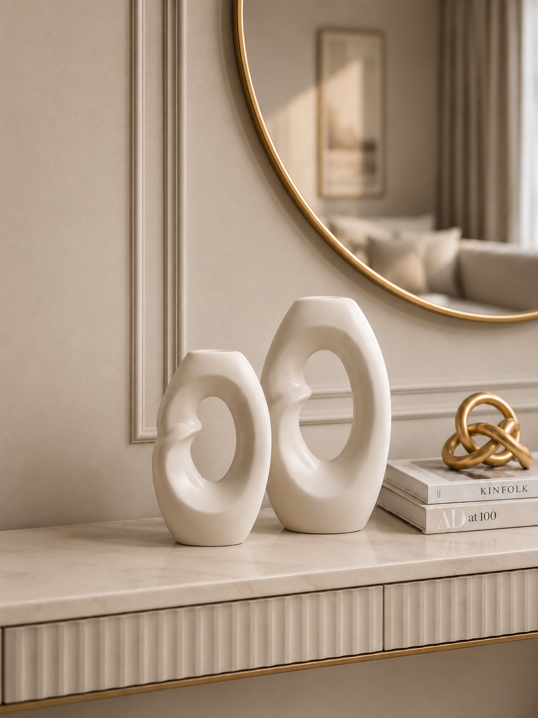 Modern Abstract Ceramic Donut Vase Set – 2 Piece Decorative Sculpture for Home & Office Décor