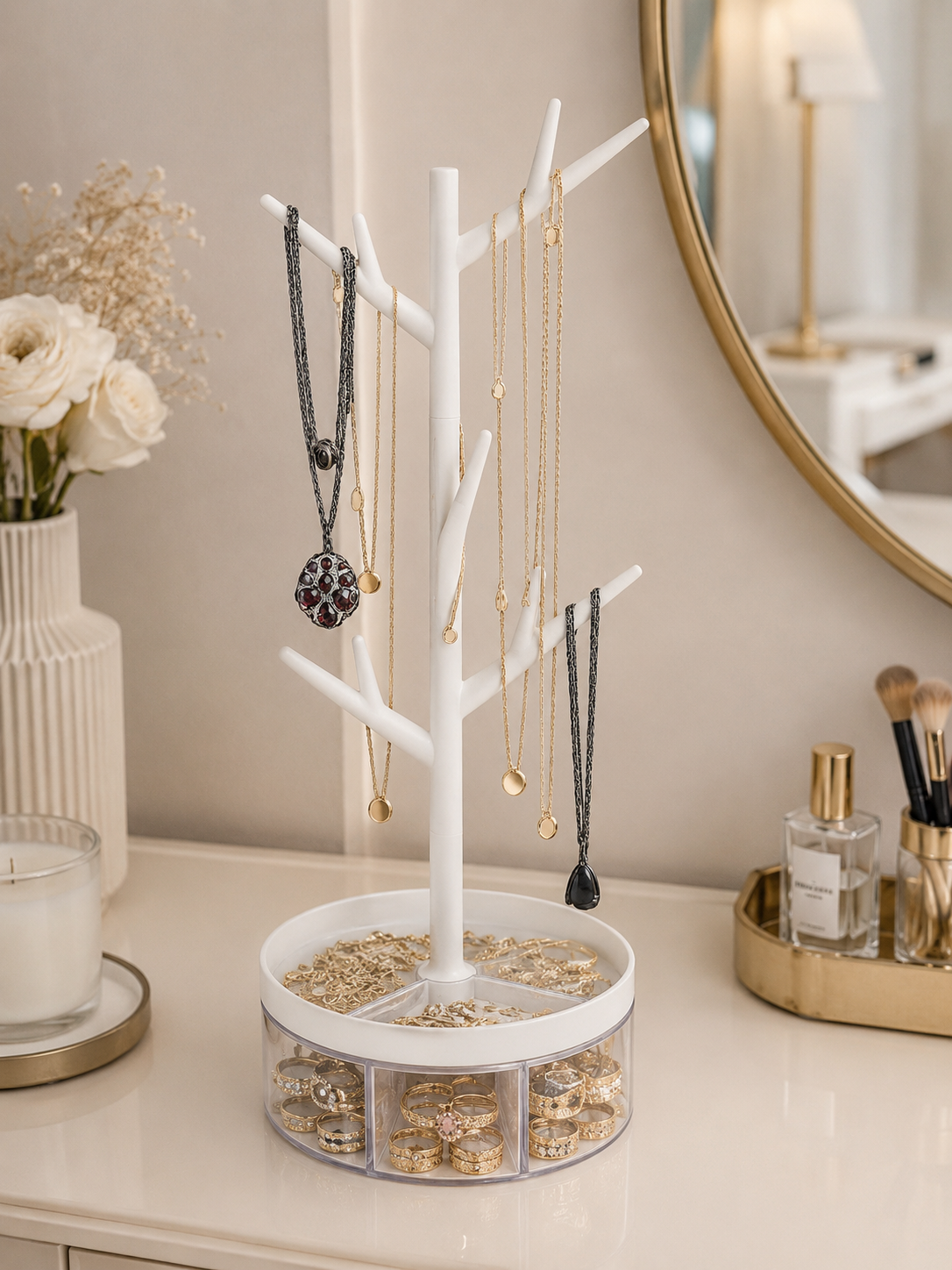 360° Rotating Tree Jewelry Organizer with Storage Tray | Necklace, Ring, Earring & Bracelet Holder Stand