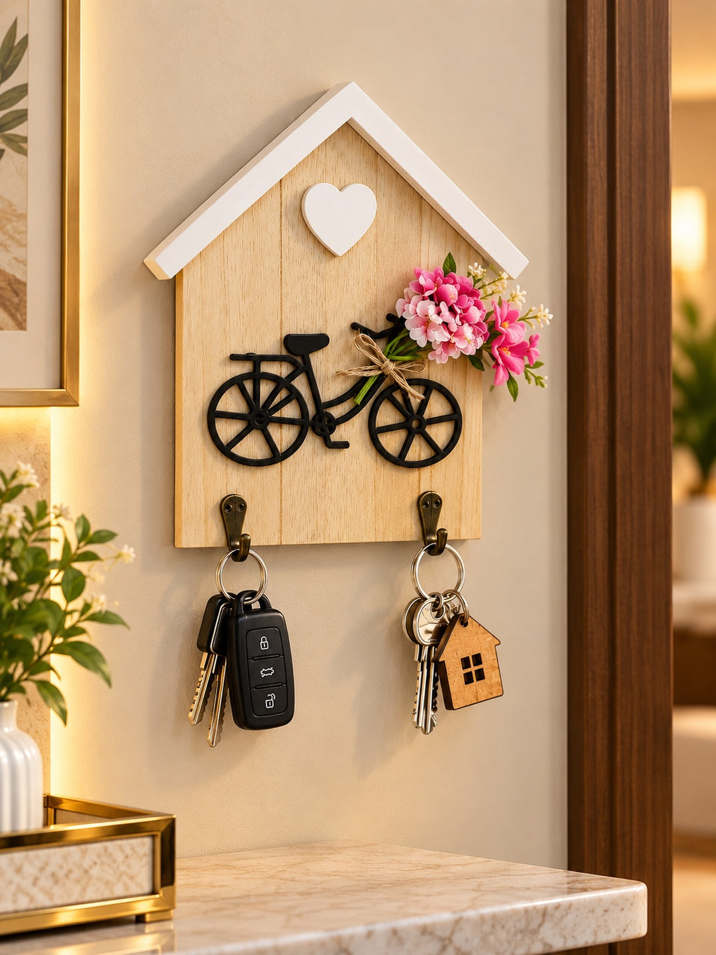 Bicycle Key Holder Wall Decor – Wooden House-Shaped Key Organizer with 2 Hooks