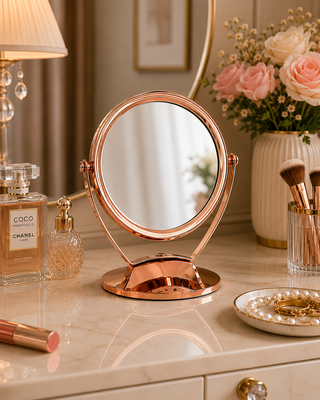 360° Rotating Rose Gold Vanity Mirror – Round / Heart / Round Variant – Makeup & Dressing Table Mirror