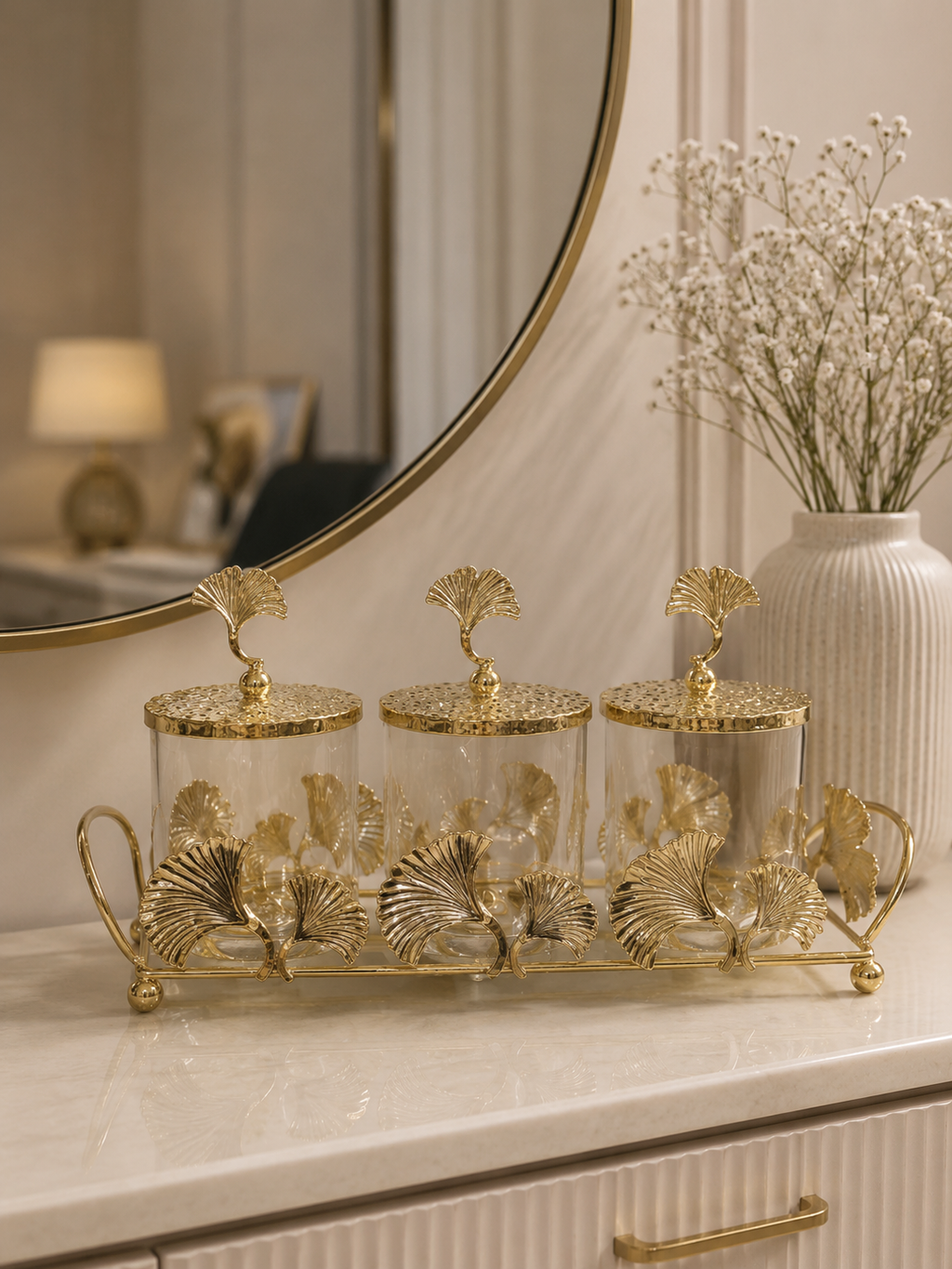 Luxury 3-Piece Glass Dry Fruit & Candy Jar Set with Gold Leaf Metal Stand | Decorative Snack Storage Canisters with Lids
