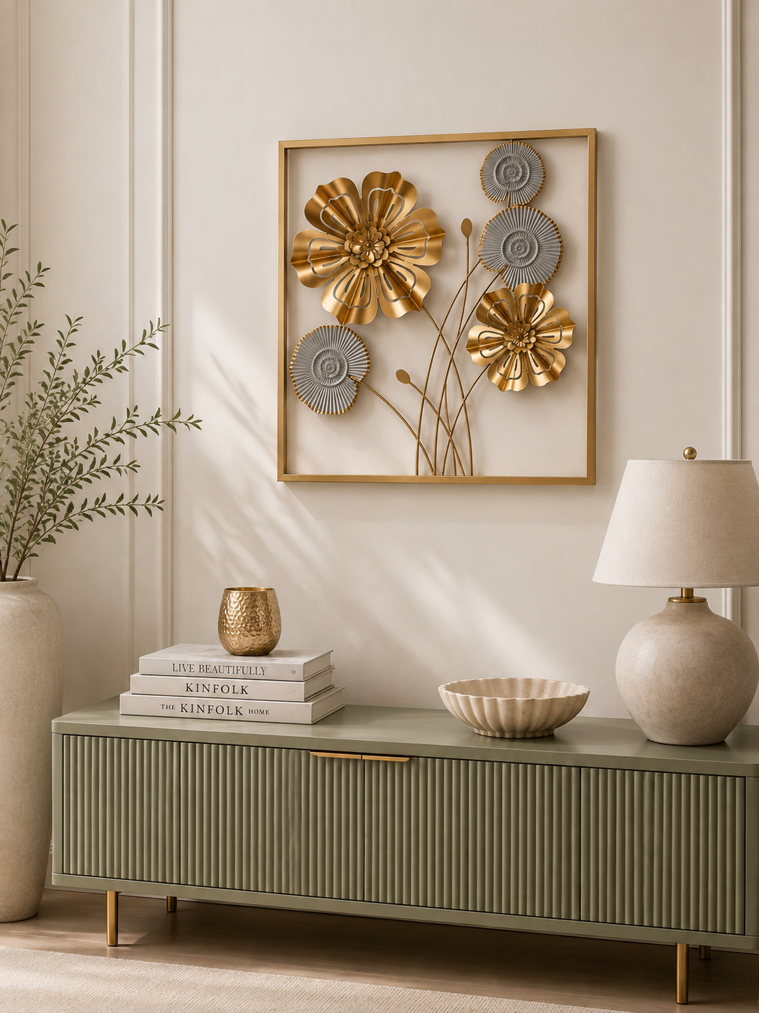 Luxury Gold & Silver Floral Metal Wall Art – Elegant Framed Decorative Wall Panel