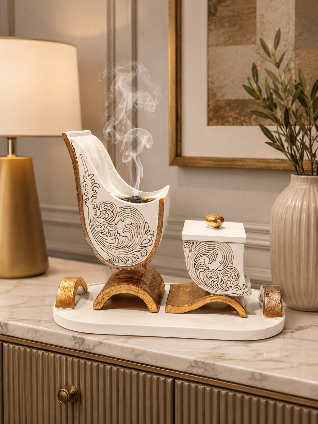 Luxury White & Gold Decorative Bukhoor Burner Set with Tray