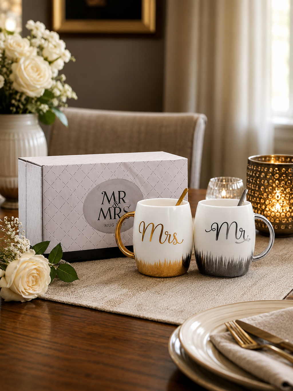 Luxury Mr. & Mrs. Ceramic Couple Mug Gift Set – Gold & Silver Accent Coffee Cups with Box